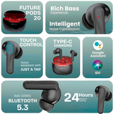 ModishOmbre PODS 20 TWS earbuds resting inside sleek charging case with LED indicators